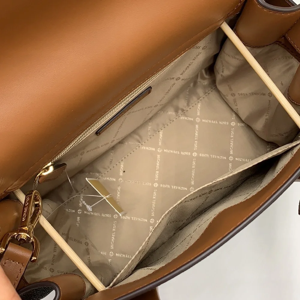 MICHAEL KORS CARMEN MEDIUM FLAP SATCHEL BROWN SIGNATURE COLOR